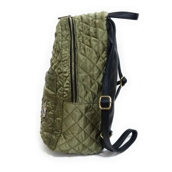 Aldo Womens Satin Quilted Backpack in Olive Army Green Patchwork Detail main image 10